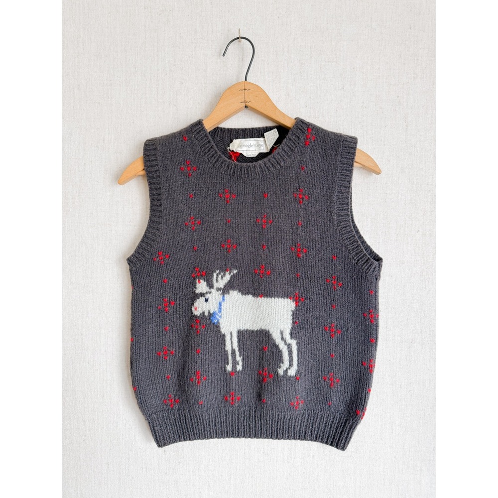 The Eagles Eye Vintage Shetland Wool‎ Moose Heart Hand Knit Sweater Vest Gray